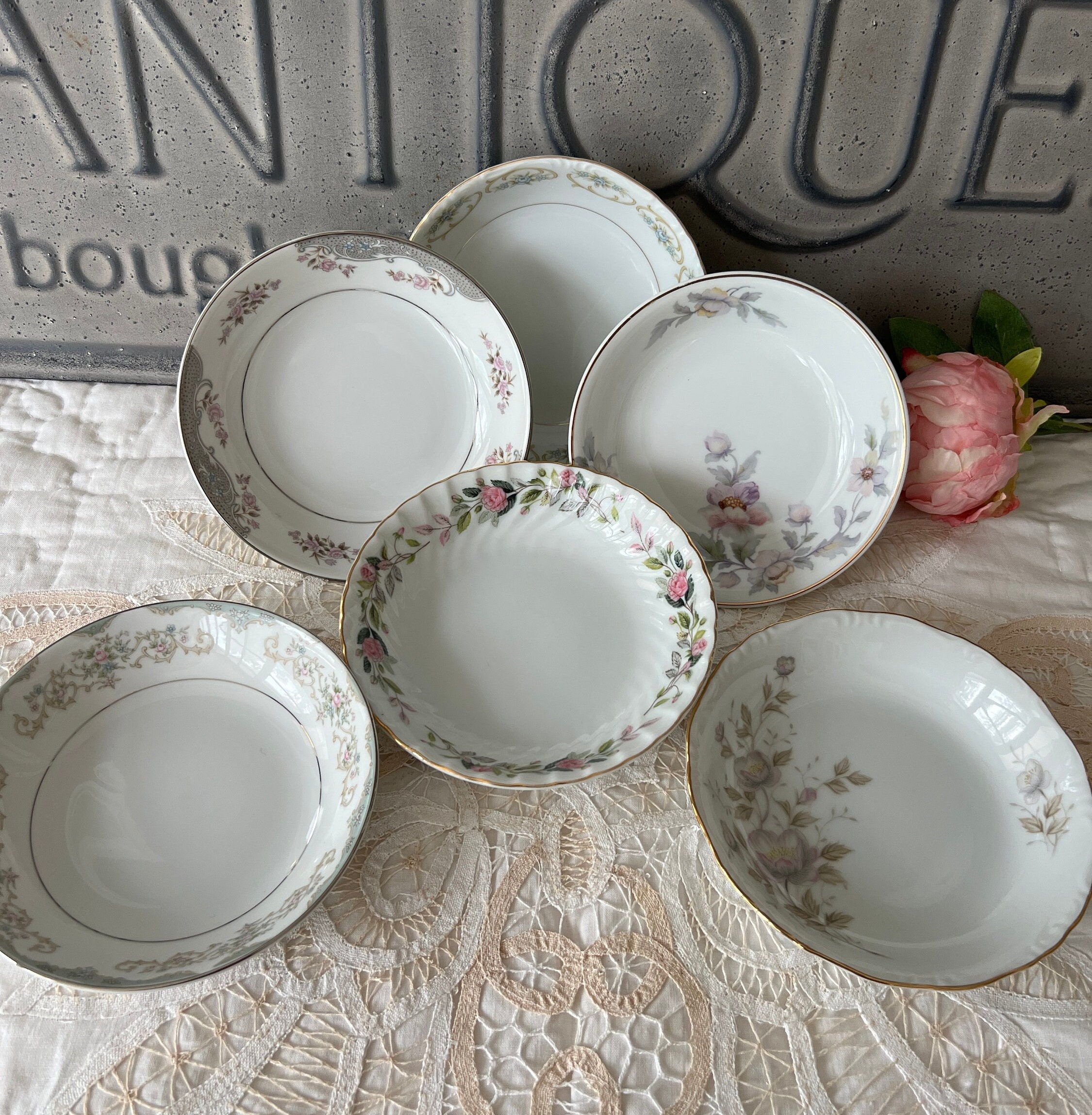 Floral Vintage Dessert Bowls - Set of 6 Mismatched China Berry Bowls