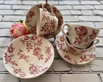 vintage tasses soucoupes bols de céréales, vaisselle rose antique anglaise en pierre de fer Churchill rose,