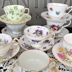 Mismatched Tea Cups and Saucers, Vintage Mix and Match China, Vintage Teacups and Matching Saucers, Bulk Tea Cups, Tea Party - Free Shipping