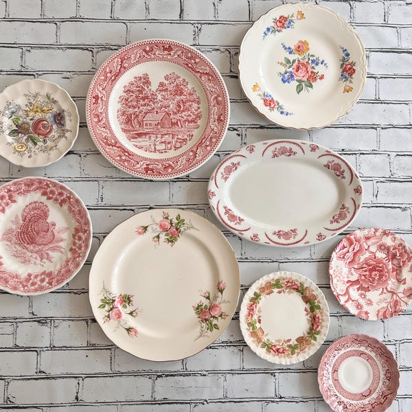 Mismatched Floral Transferware Plates- Set of 9 Vintage Wall Decor