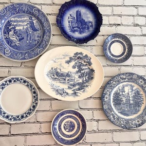 Mismatched Floral Transferware Plates- Set of 7- Blue & White Vintage Wall Decor