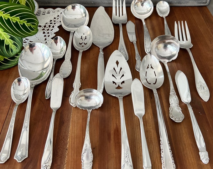 Serving Utensil Set, Silverplate Vintage Mismatched -Eclectic Farmhouse Flatware- Hand polished & table ready.