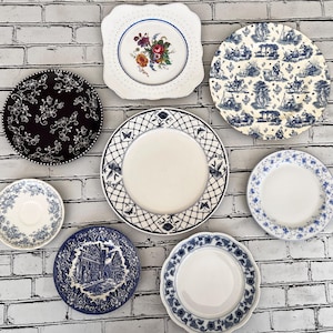 Mismatched Floral Transferware Plates- Set of 8 Vintage Wall Decor