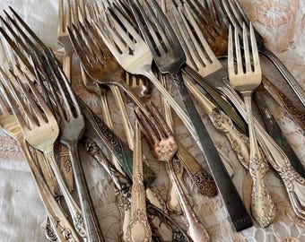 Mismatched Silverplate Forks: Vintage Tarnished Dinner, Dessert, Serving Utensils- sold as - is