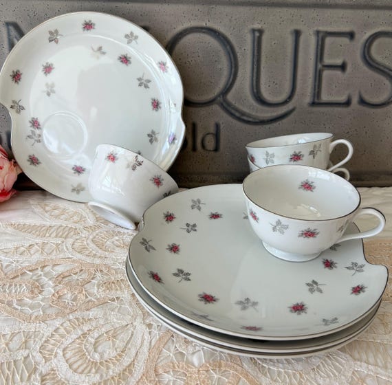 Vintage Rosette Tea Cups and Plate Luncheon Snack Set- Set of