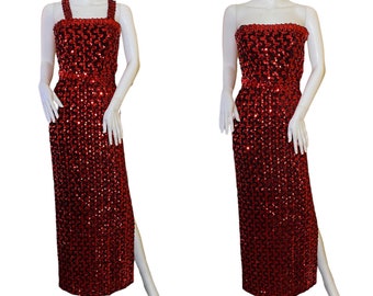 1960s side split sequinned dress in red