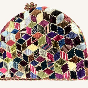 19th century patchwork tea cost, tumbling block crazy quilt
