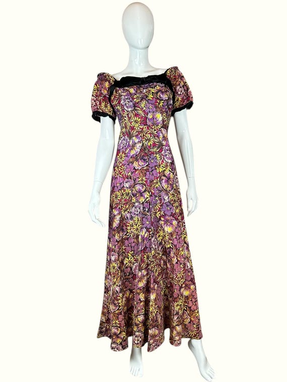 1930s 40s Floral Evening Gown with Button Back and Velvet Trim 1930s 40s Floral Evening Gown with Button Back and Velvet Trim