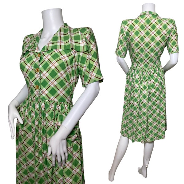 Green plaid 1940s dress