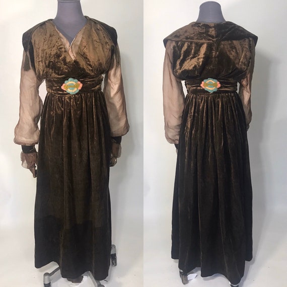 1910s dress, brown velvet with tassels, aesthetic