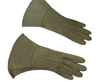 1930s leather gauntlet gloves in olive green