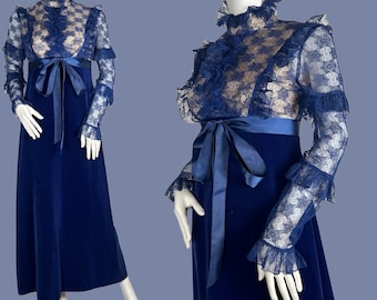 1960s Jean Varon maxi dress, blue velvet and lace