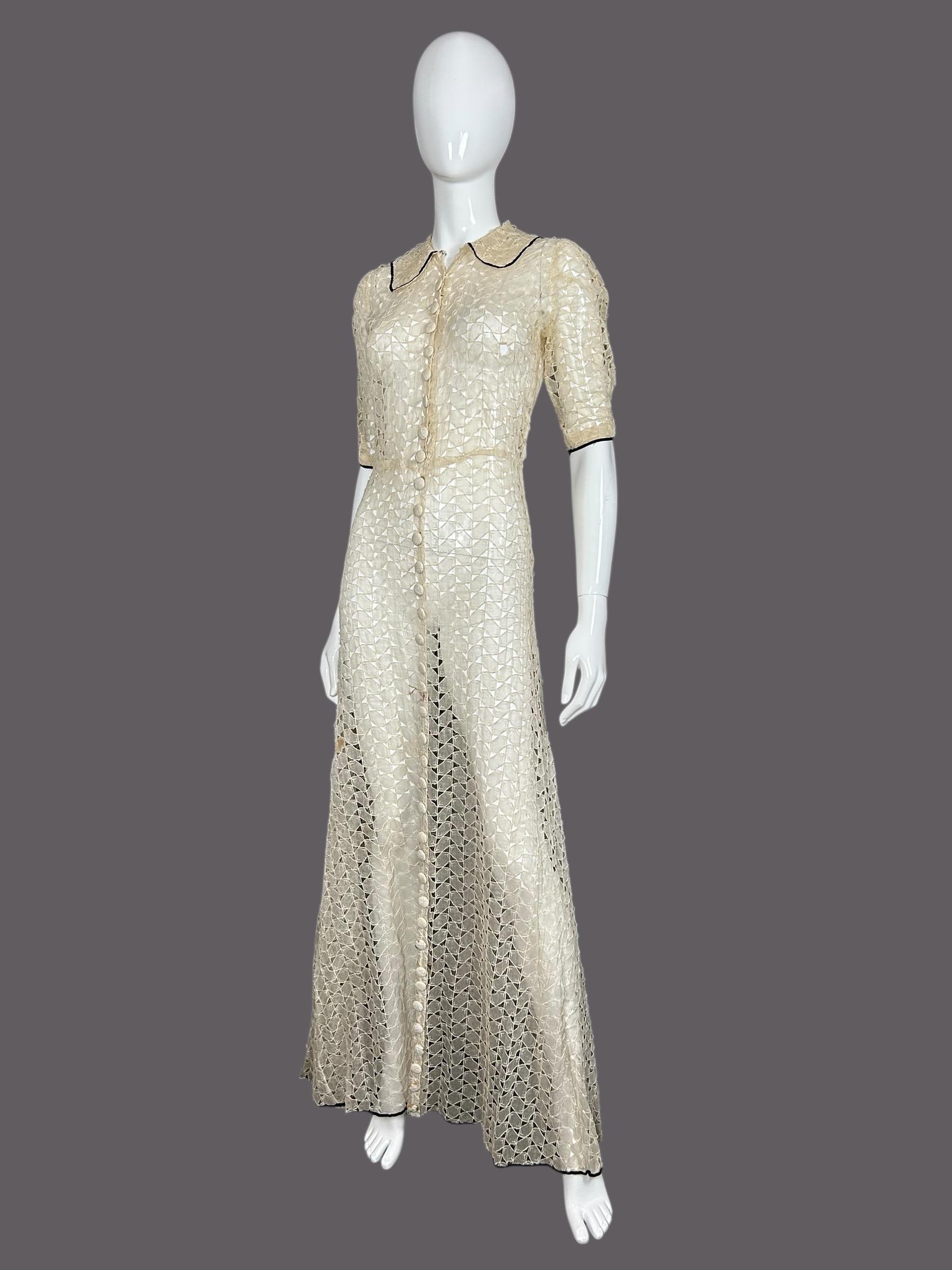 1930s organdie evening dress, cutwork design with velvet trim