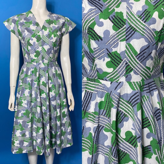 1940s summer dress, novelty print cotton
