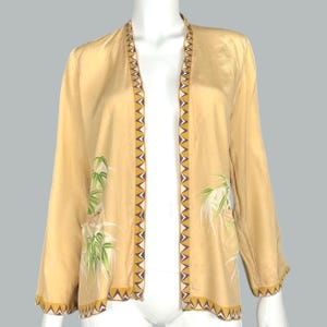 Butter yellow 1920s 30s silk jacket with bamboo print and art deco border