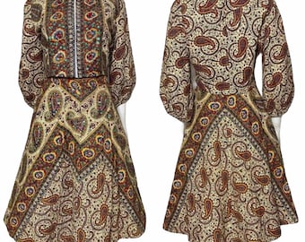1950s two piece with paisley print, quilted skirt and jacket