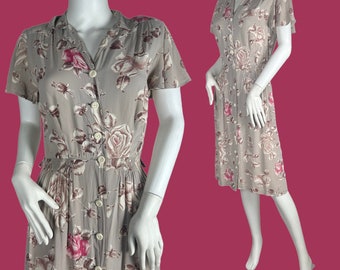 1940s rayon dress, rose print shirtwaister