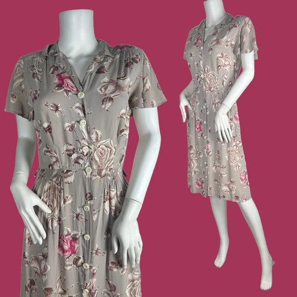 1940s rayon dress, rose print shirtwaister