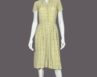 Jaren 40 rayon shirtwaistjurk, gele strepen