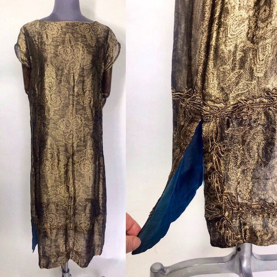 1920s lamé dress with blue silk