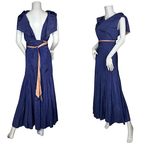 Blue 1930s evening gown in moire taffeta
