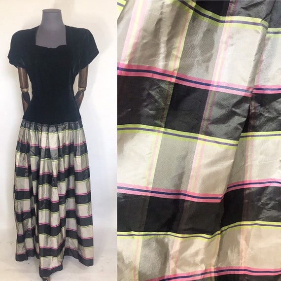 1940s evening gown with charteuse plaid skirt
