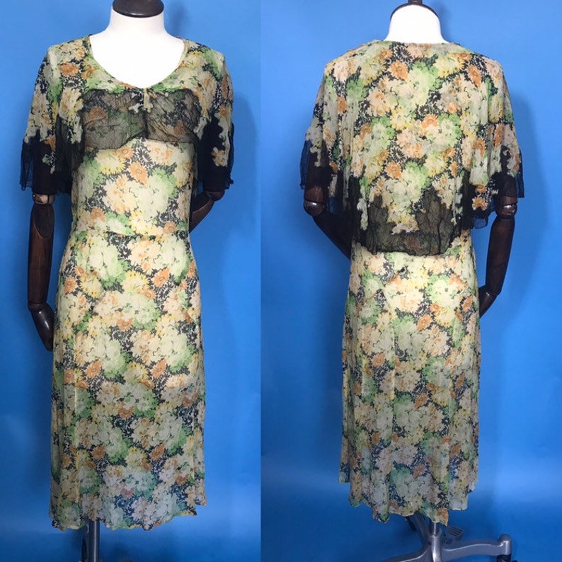 1930s dress with caped collar floral crepe georgette