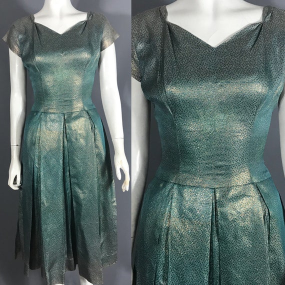 1950s lamé cocktail dress in gold and teal