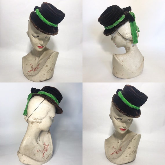 1940s tilt hat, brown velvet topper with green vel