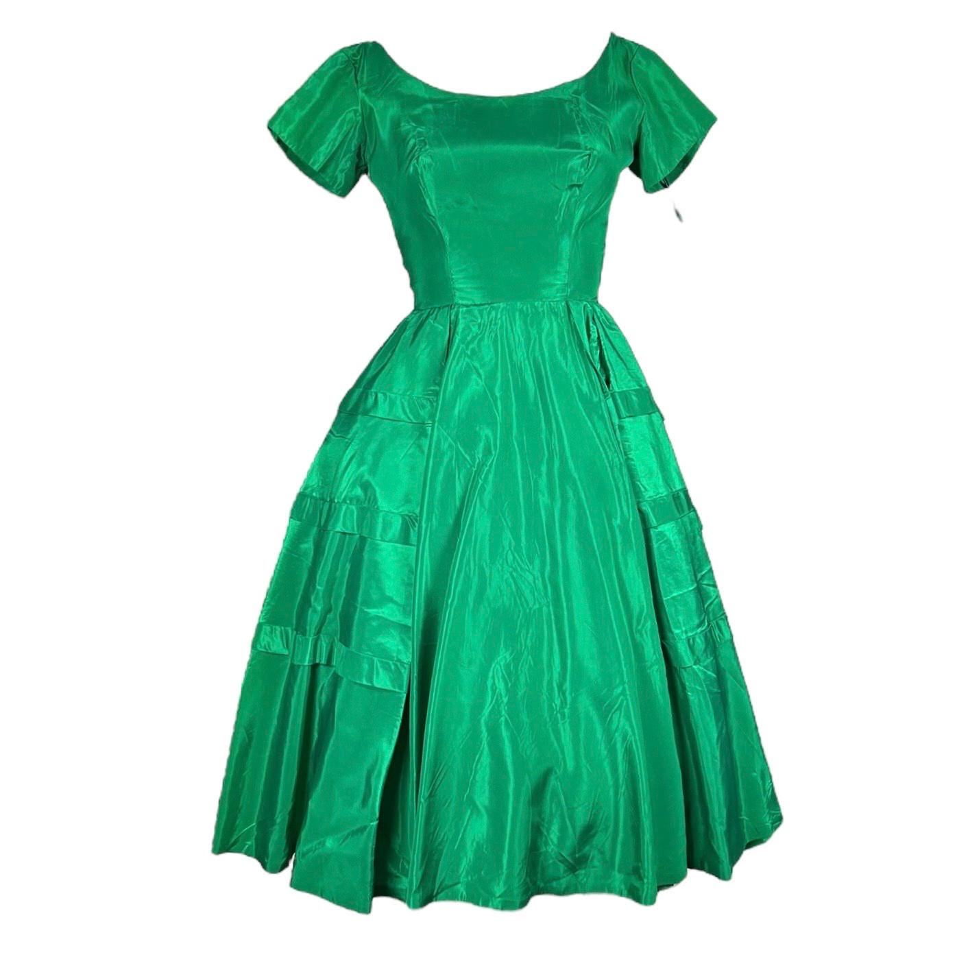 emerald green 1950s dress Green Linen Dress – Handmade Vintage 1950s Style Midi 5714 – Xiaolizi main image 0