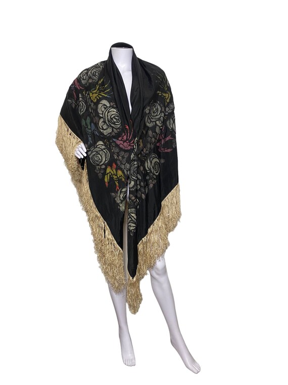 1920s Black on Black Silk Embroidered Piano Shawl