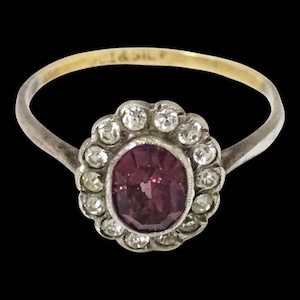 Vintage 1930s cluster ring, 9ct gold and silver with amethyst and paste