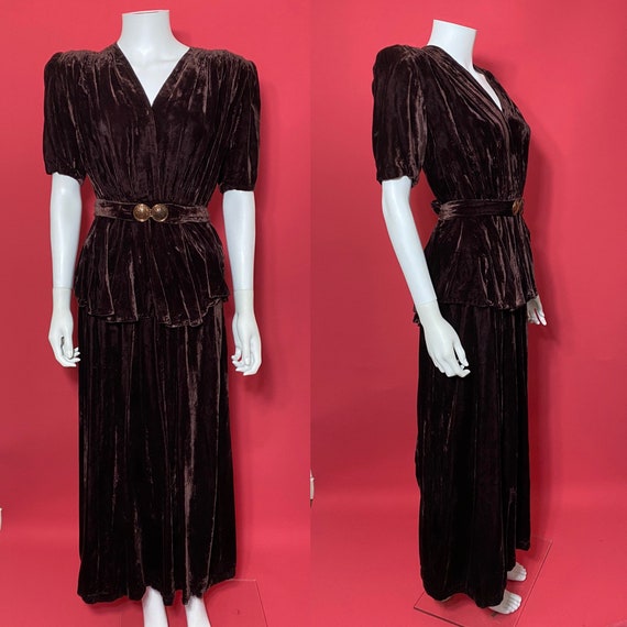 1940s peplum evening dress in brown velvet