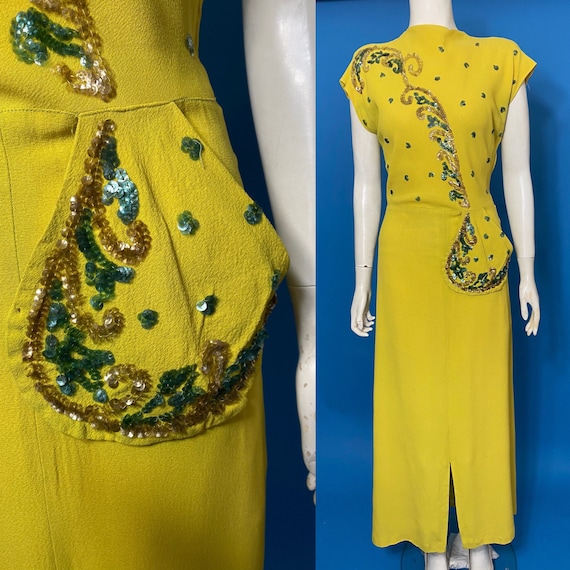 Sequinned Chartreuse 1940s evening dress