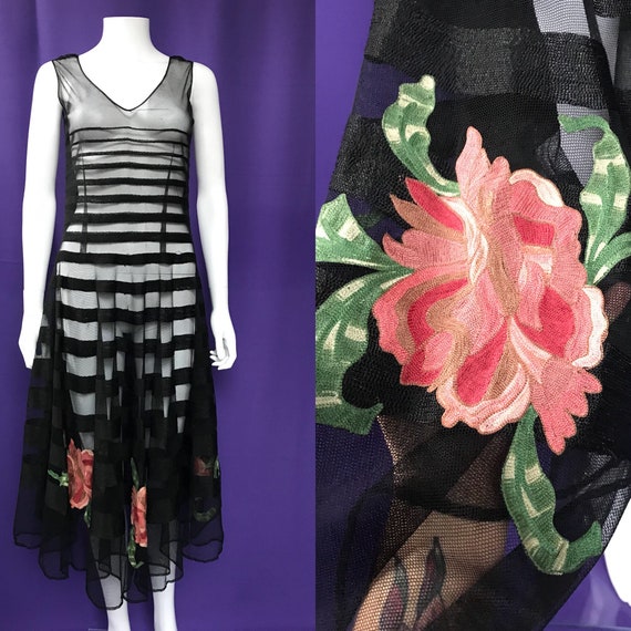 Striped 1930s dress with tambour embroidered flowe