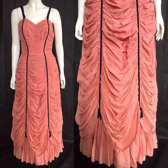 1950s coral evening gown with heavy draping