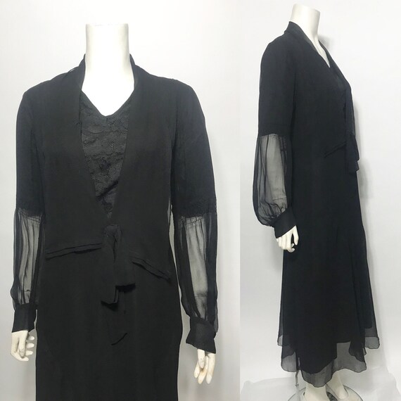 1920s dress in black chiffon, a late 20s day dress