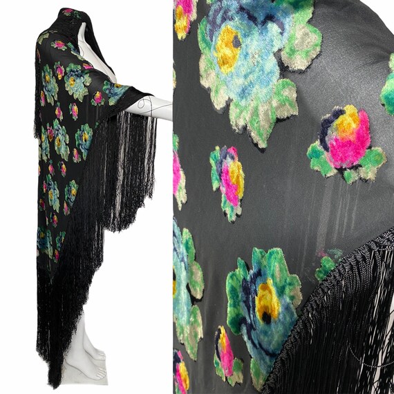1920s Ombre Silk Devore Fringe Shawl