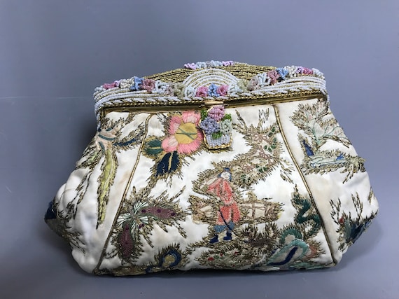 1930s chinoiserie evening bag with embroidered dra