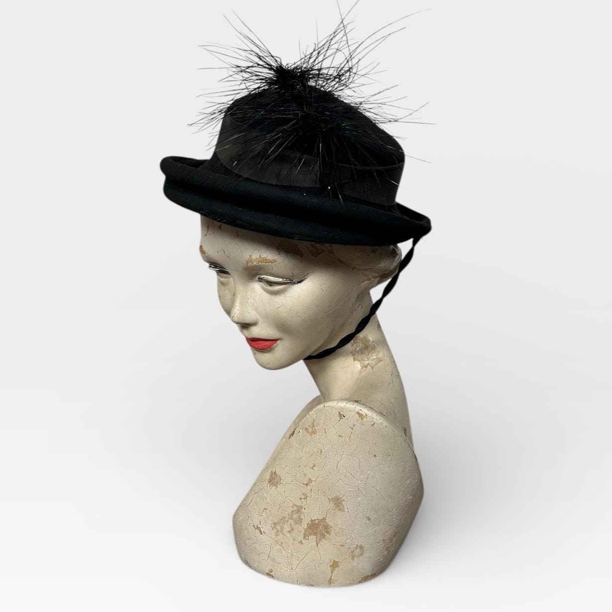 FASCINATING 1940s\' BLACK TILT/ASYMMETRICAL FEDORA + VELOUR FLOWER & FEATHER P1120594__62120.1718047221.JPG?c=2 main image 4