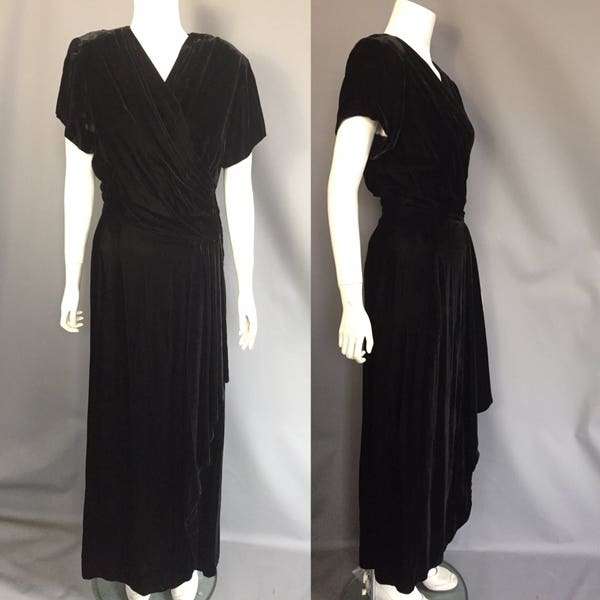 Early 1940s evening gown black velvet with drape front and waterfall skirt