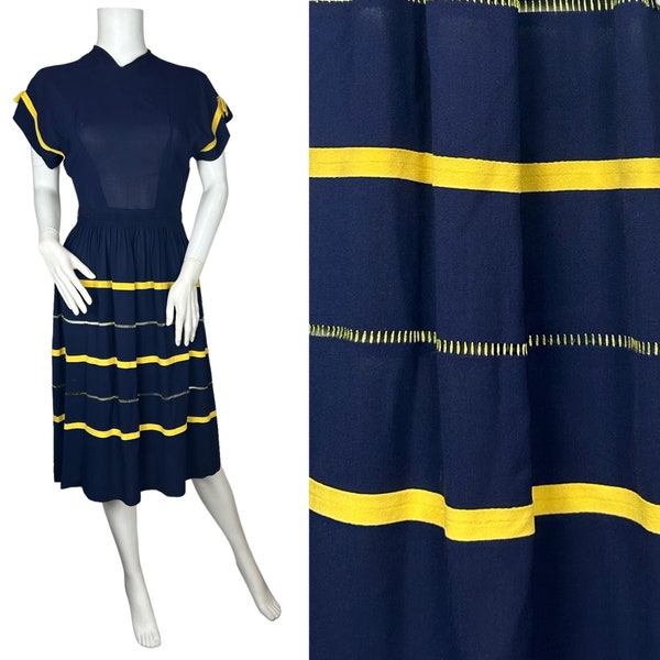 1940s day dress, blue and yellow colour block