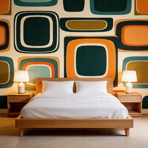 May include: A modern bedroom setup featuring a wooden bed frame with white bedding, flanked by matching nightstands with lamps. The backdrop is a retro-style wallpaper with geometric shapes in teal, orange, and olive green.