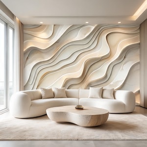May include: A curved white sofa with four matching throw pillows sits before a low, kidney-shaped wooden coffee table. Behind the sofa, a large wall mural features a three-dimensional design of flowing, layered cream and beige waves.