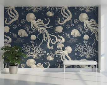 Octopus Wallpaper Peel and Stick, Vintage Marine Life Mural, Dark Ocean Creatures Removable Wallpaper, Nautical Theme Wall Decor
