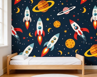 Peel And Stick Wallpaper Space Rocket Ship Galaxy Pattern Kids Room Decor Navy Blue Outer Space Mural Removable Self Adhesive Wall Decor