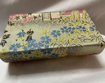 Vintage Lipstick Case with Mirror Chinese Brocade Fabric Compact Holder Floral Figurative Design