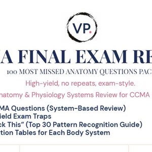 Pode incluir: Um gráfico branco com o texto azul marinho "CCMA FINAL EXAM REVIEW". O gráfico inclui materiais de estudo para o exame CCMA, incluindo perguntas, chaves de resposta e tabelas visuais. Um logotipo com "VP" está no topo.