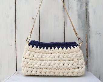 SALE -40% - FREE SHIPPING - Cream & Blue Navy Crochet Bag, Unique Bag, Masterpiece Bag, Fabric Bag, Fashion Bag, Knitted Bag, Made in Greece