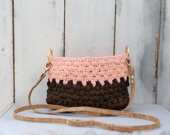 SALE -40% - FREE SHIPPING - Pink/Brown Crochet Bag, Unique Bag, Masterpiece Bag, Fabric Bag, Fashion Bag, Knitted Bag, Made in Greece